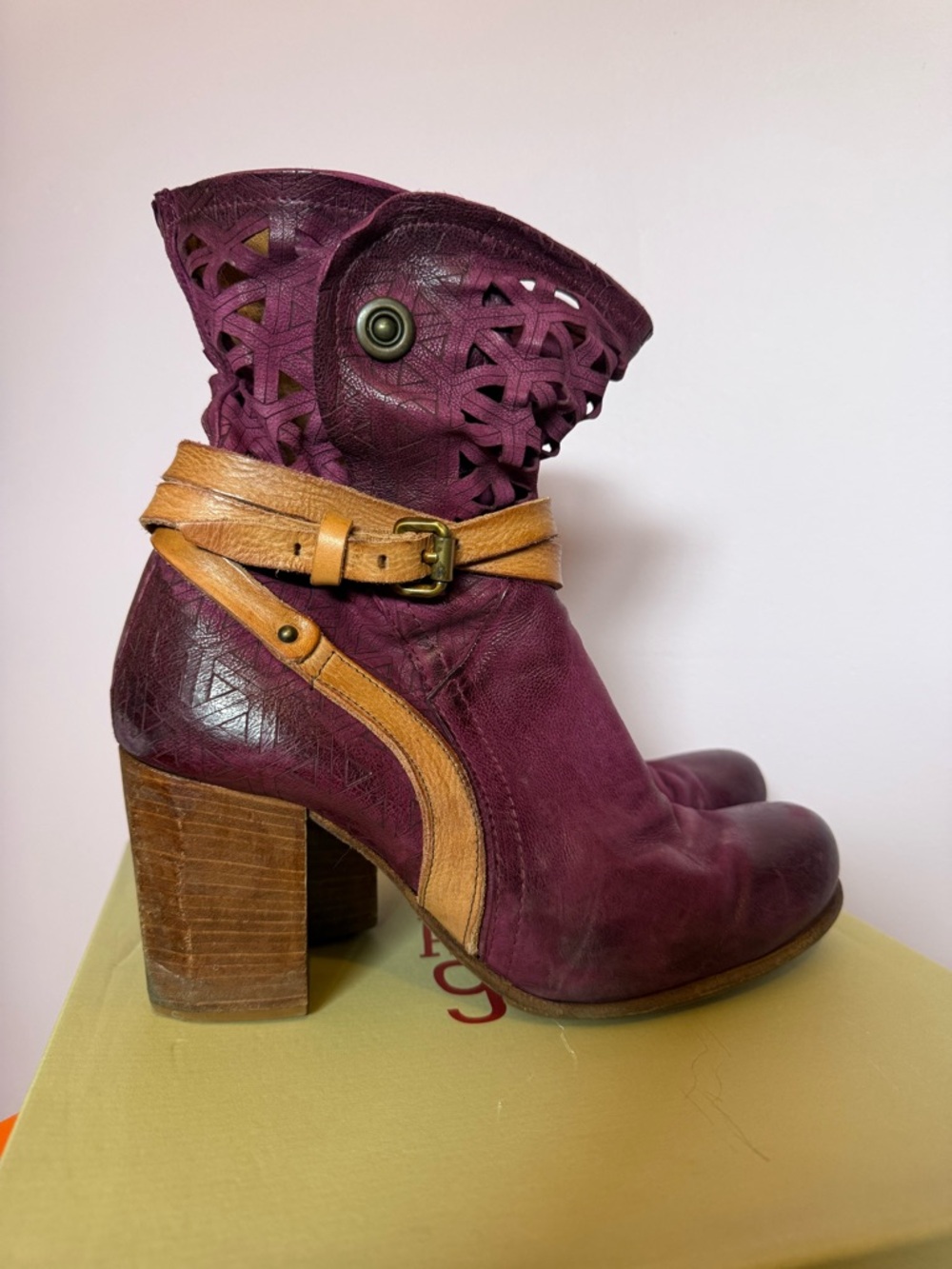 A.S.98 Plum Leather Ankle Boots with Tan Strap - Picture 2 of 5